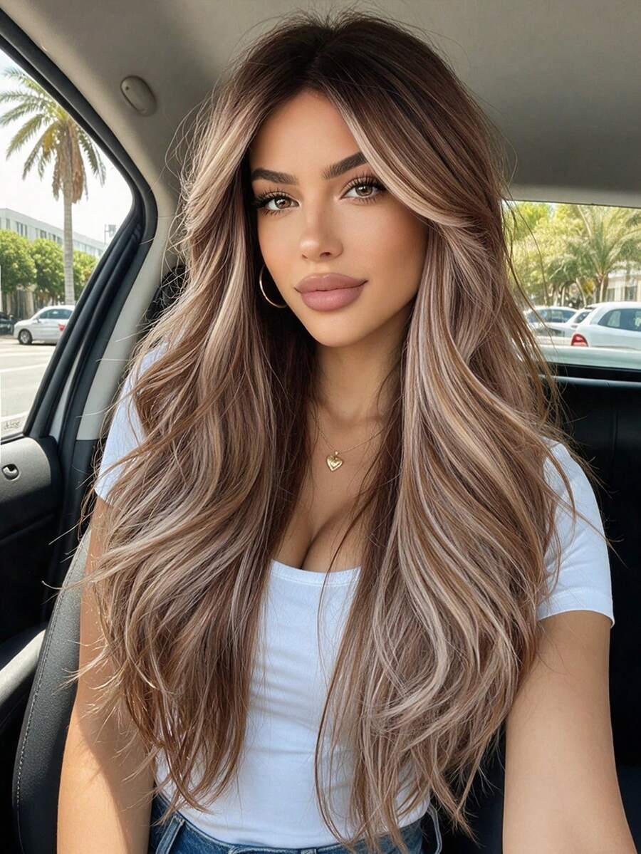 28 Inch Women's Natural Highlight Brown Long Wavy Synthetic Wig, Heat Resistant For Daily Wear And Party