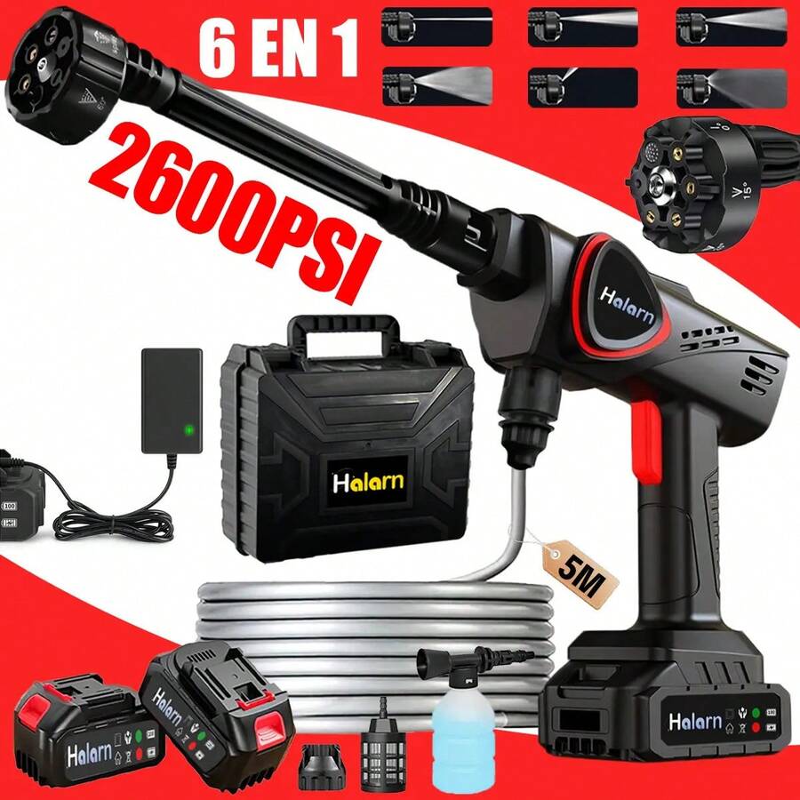 Hidrolavadora Inalámbrica Portátil HALARN, 6 En 1 Pistola Eléctrica Profesional De 2600 PSI Con 2 * Baterías - Tipo de Enchufe B USA (110-127V) - Ver 1