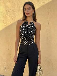 Glamful Solid Color Backless Pleated Metal Collar Sexy Sleeveless Halter Neck Top, Suitable For Daily Dates, Parties, Vacation Outfits For Women - Black and White - View 1