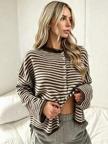 Women's Long Sleeve Color Block Striped Knit Cardigan Sweater Jacket With Buttons, Autumn/Winter Knit Top - Brown - View 5
