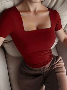 Casual Elegant Versatile Short Sleeve Boat Neck Top, Suitable For Daily Wear, Commuting, Going Out, Spring & Summer Red - Red - View 4