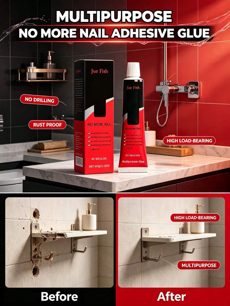 Nail-Free Adhesive, Construction & Home Use, Shear-Resistant, Heat-Resistant, Shock-Proof, Universal For Tiles, Metal, Glass