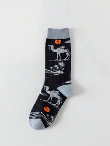 Men's Vintage Desert Camel Jacquard Mid-Calf Socks, Ins Style Versatile Casual Long Socks, Breathable Soft Comfortable Socks, Suitable For Daily Wear - Multicolor - View 12