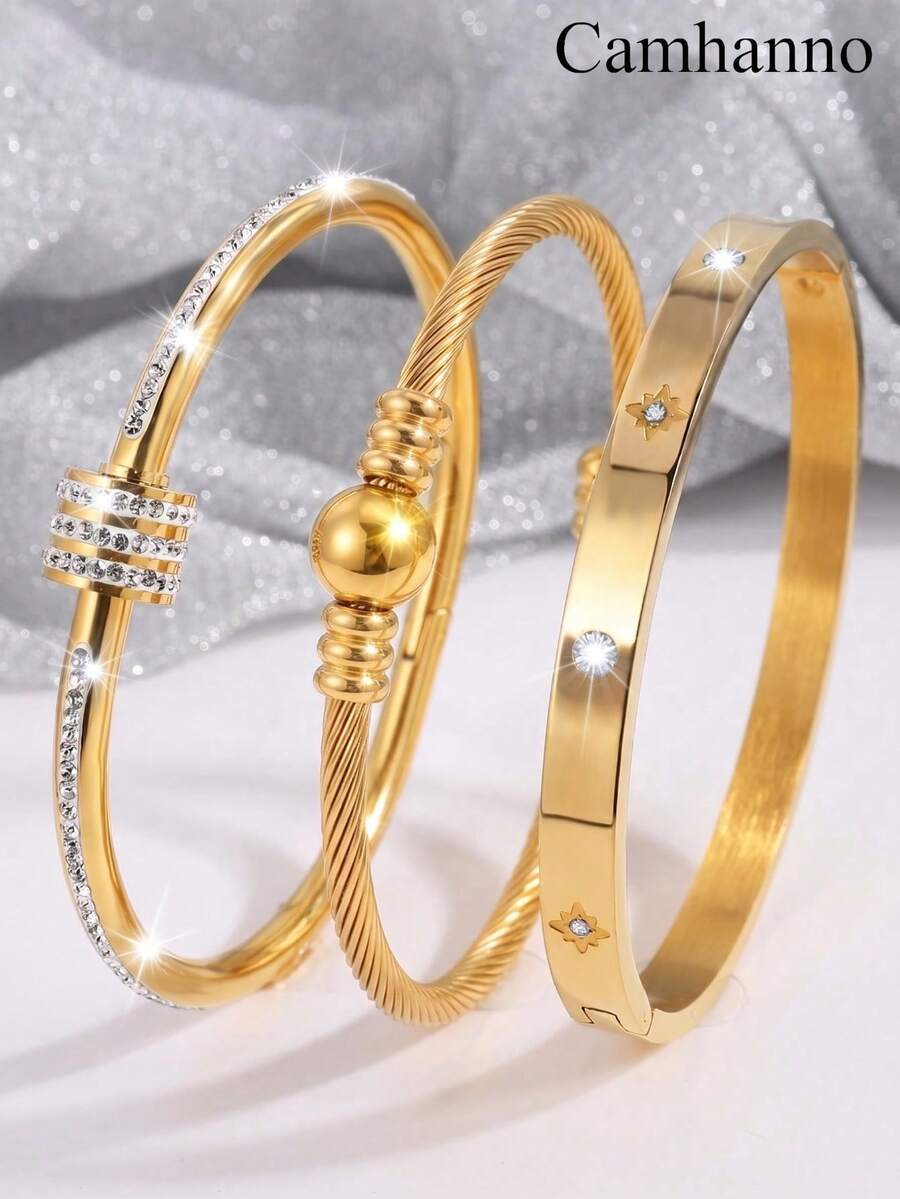 1/3Pcs 18K Gold Plated Stainless Steel Bangle Set, Twisted Cable & Bead Stackable Bracelets, Daily Wear Holiday Gift For Women - Gold - View 1