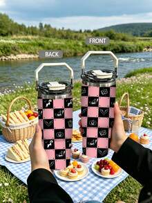 1pc/5pcs 30oz Pink Plaid Halloween Stainless Steel Insulated Tumbler With Handle And Straw, Bat, Pumpkin And Witch Element Print Design, Perfect Birthday And Holiday Gift, Leak-Proof Flip Lid, Suitable For Travel, Work, Fitness And Daily Outdoor Use - Multi-color - Pink and Black Plaid - View 7