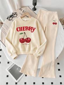2pcs/Set Girls Parent-Child Outfit, Delicious Cherry Print Sweatshirt And Flared Pants, Soft Fabric, Casual Street Style - Multicolor - View 2