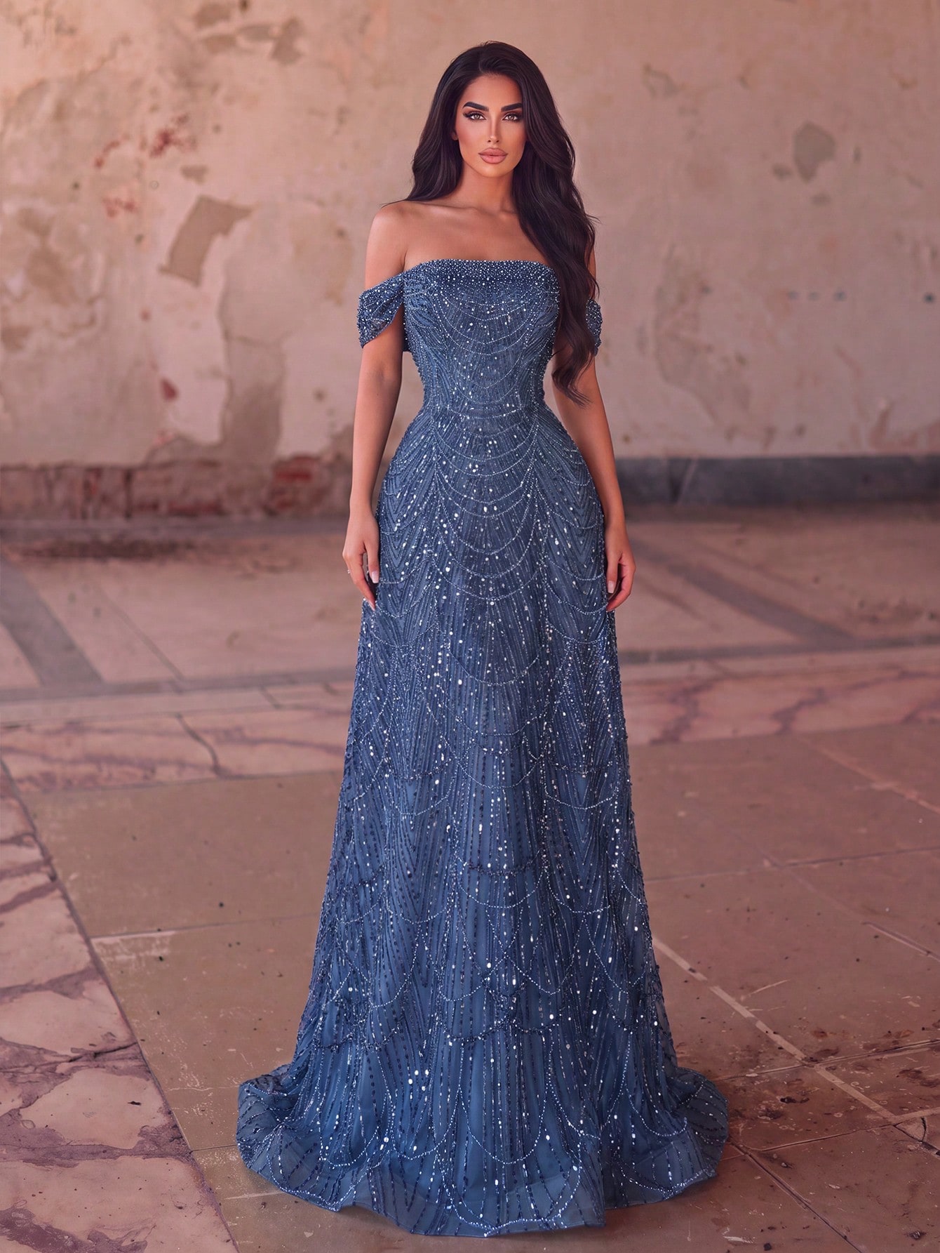 Faeriesty Glamouröses, elegantes Abendkleid mit einer Schulter, Pailletten und Glanz - bodenlanges Meerjungfrauen-Design, funkelnde Ganzkörper-Verzierung für Herbst-Hochzeitsfeier