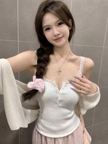 Spring/Summer Sexy Lace Patchwork Button Gentle Innerwear Lightweight Slightly Sheer Sweet Girl Camisole Casual White - White - View 1