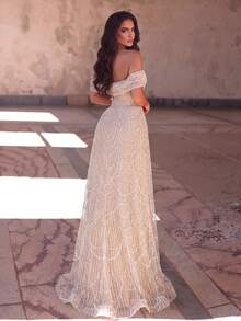 Faeriesty Romantic Open Shoulder Short Sleeve Beaded Formal Dress, Decorated With Contrast Sequins And Flared Hem Fall Wedding - Apricot - View 3