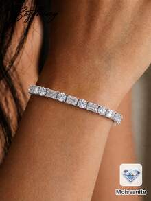 Besthing 1pc S925 Sterling Silver 19.8CT Moissanite Tennis Bracelet, Rectangular And Round Diamonds Alternating, Chic Luxury Style, Evening Party Anniversary Gift Jewelry - Silver - View 1