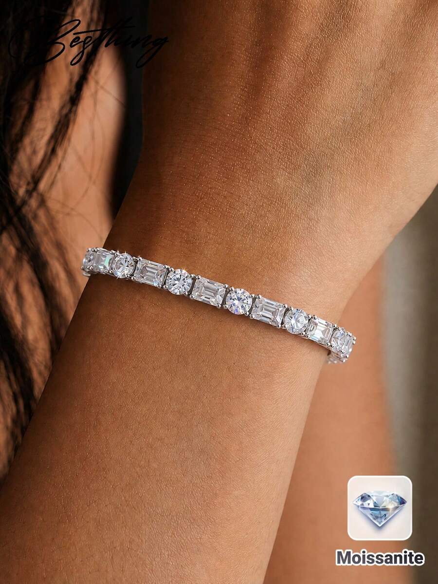 Besthing 1pc S925 Sterling Silver 19.8CT Moissanite Tennis Bracelet, Rectangular And Round Diamonds Alternating, Chic Luxury Style, Evening Party Anniversary Gift Jewelry - Silver - View 1