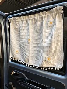 Cute Daisy Car Window Shade, Waffle Weave Sunshade Curtain With Pom Poms, Baby UV Protection Heat Insulation Cover, Easy Install Auto Side Window Blind - A - View 4