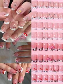 Sanrio Hello Kitty 96pcs(4mixed) Short Square Leopard Print & Cow Print French Press On Nail With Cute Hello Kitty,Bow And Rhinestones Design,Fit False Nail Set,Including 1 Jelly Gule And 1 Nail File, For Women Girls Daily Party And Gathering Use - Multicolor - View 1