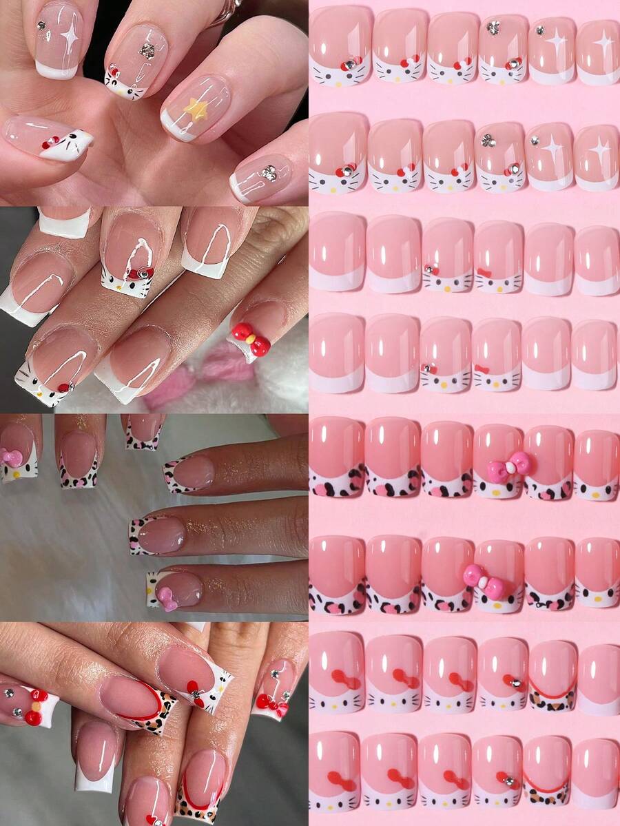 Sanrio Hello Kitty 96pcs(4mixed) Short Square Leopard Print & Cow Print French Press On Nail With Cute Hello Kitty,Bow And Rhinestones Design,Fit False Nail Set,Including 1 Jelly Gule And 1 Nail File, For Women Girls Daily Party And Gathering Use - Multicolor - View 1