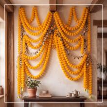 2pcs Artificial Marigold Flower Garland With Gold Bells, 59 Inch Hanging Rope, Suitable For Diwali, Wedding And Festival Decoration, Long Hanging Rope, Suitable For Day Of The Dead, Altar, Halloween And Mexican Style Decoration - Marigold - View 7
