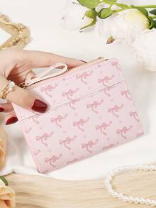 Ladies' Bow Printed Short Zipper Coin Purse, Portable Card Bag Wallet, Suitable For Daily Shopping And Travel - Pink - View 3