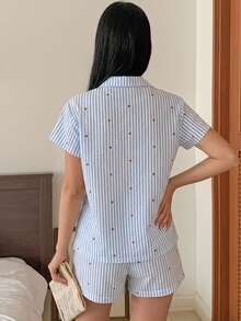 DAZY 女士条纹心形休闲睡衣套装，配有松紧腰短裤，适合春、夏、秋季穿着。 - 淺藍色 - 查看 3
