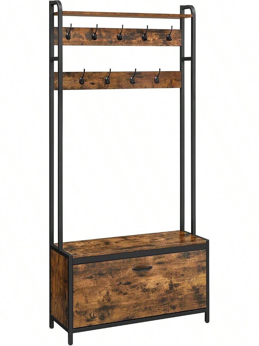2026-NEW: Coat Rack With Shoe Storage, Hall Tree With Bench, 9 Hooks And Top Shelf, For Hallway, Bedroom, Industrial Style, Rustic Brown And Ink Black HSR405B01 - Brown - View 1