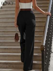 DONICY Women's Solid Color Pleated Wide Leg Loose Long Pants, Fashion Casual - Black - View 2