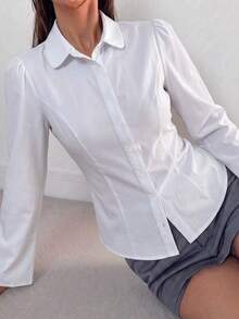Women's White Long Sleeve Shirt Collar Top, Button Detail, Regular Fit Polyester Blouse, Autumn Fashion - White - View 4