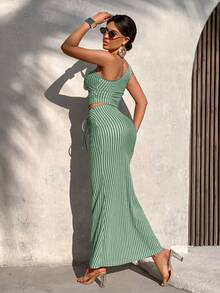 AIJ Women's Green Striped 2 Pieces Set, One-Shoulder Crop Top + Drawstring Ruched Fishtail Long Bodycon Skirt, Suitable For Beach Vacation, Dating, Outing, Party And Holiday Wear - Mint Green - View 2