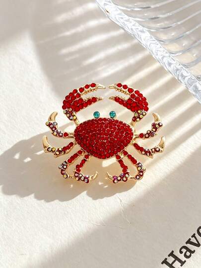 Red Rhinestone Crab Brooch, Ocean Animal Lapel Pin, Summer Women's Clothing Accessory