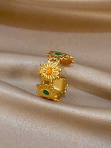 1Pc/Set Retro Flowers Open Ring Multicolor Rectangle Zirconia Ring,Gold Jewelry For Women,Party,Daily,Birthday Gifts,Christmas,Boho/Y2K/Fall/Halloween - Multicolor - View 5