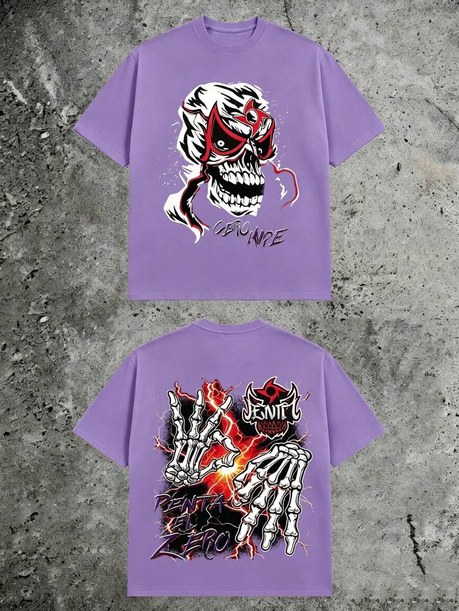 Casual Loose‑Fit 180g Pure Cotton Short Sleeve Tee, Luchador Mask Skull Double‑Sided Skeleton Hands Lightning Gothic Print For Men - 紫色2 - 查看 1