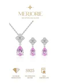 S925 Pure Silver Teardrop Powder Pendant Necklace And Earrings, Elegant And Exquisite Accessories, Suitable For Ladies' Wedding Banquets And Parties - Pink - View 1