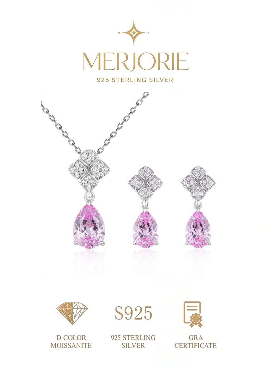 S925 Pure Silver Teardrop Powder Pendant Necklace And Earrings, Elegant And Exquisite Accessories, Suitable For Ladies' Wedding Banquets And Parties - Pink - View 1