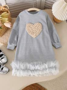 1pc Girls Casual Cute 3D Knitted Heart Mesh Round Neck Long Sleeve Dress, Spring/Autumn - Light Grey - View 3