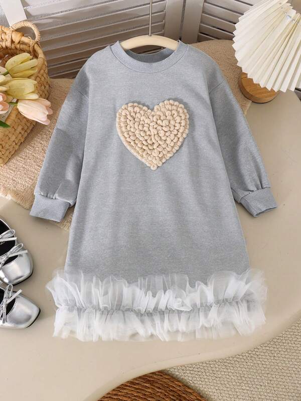 1pc Young Girls Casual Cute 3D Knitted Heart Mesh Round Neck Long Sleeve Dress, Spring/Autumn