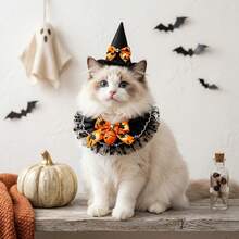 1 Set Halloween Pet Bandana Hat Set, With Bell Collar Triangular Scarf, Suitable For Cats And Dogs, Cute Witch Hat And Drooling Scarf, Adjustable Neck Decor, Holiday Party Photo Props, Pet Clothing Accessories, Cat And Dog Supplies, Pet Supplies - Multicolor - View 6