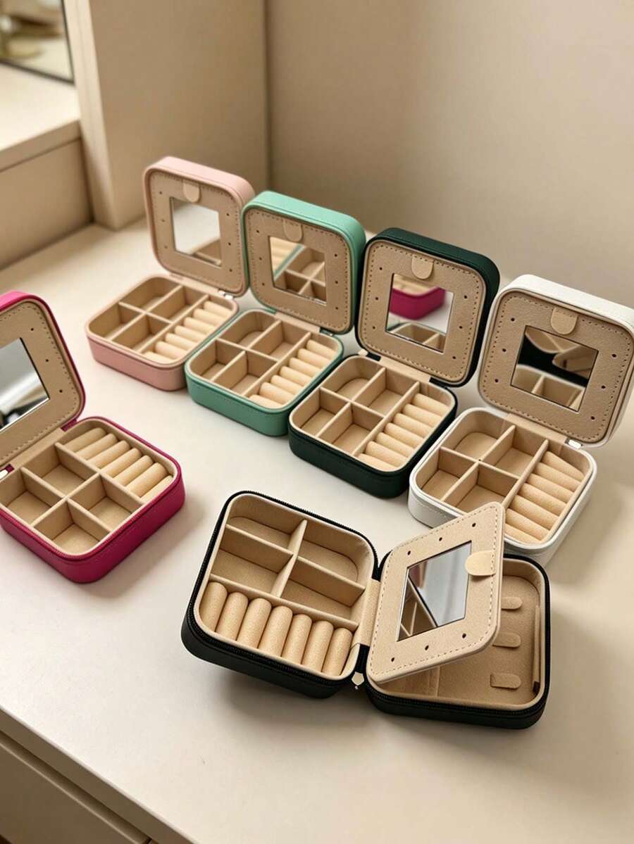 1pc Solid Color Zipper Jewelry Box, Portable Storage Box With Mirror, Large Capacity Jewelry Box, Travel Jewelry Zipper Box, Jewelry Box, Suitable For Earrings, Necklaces, Rings And More