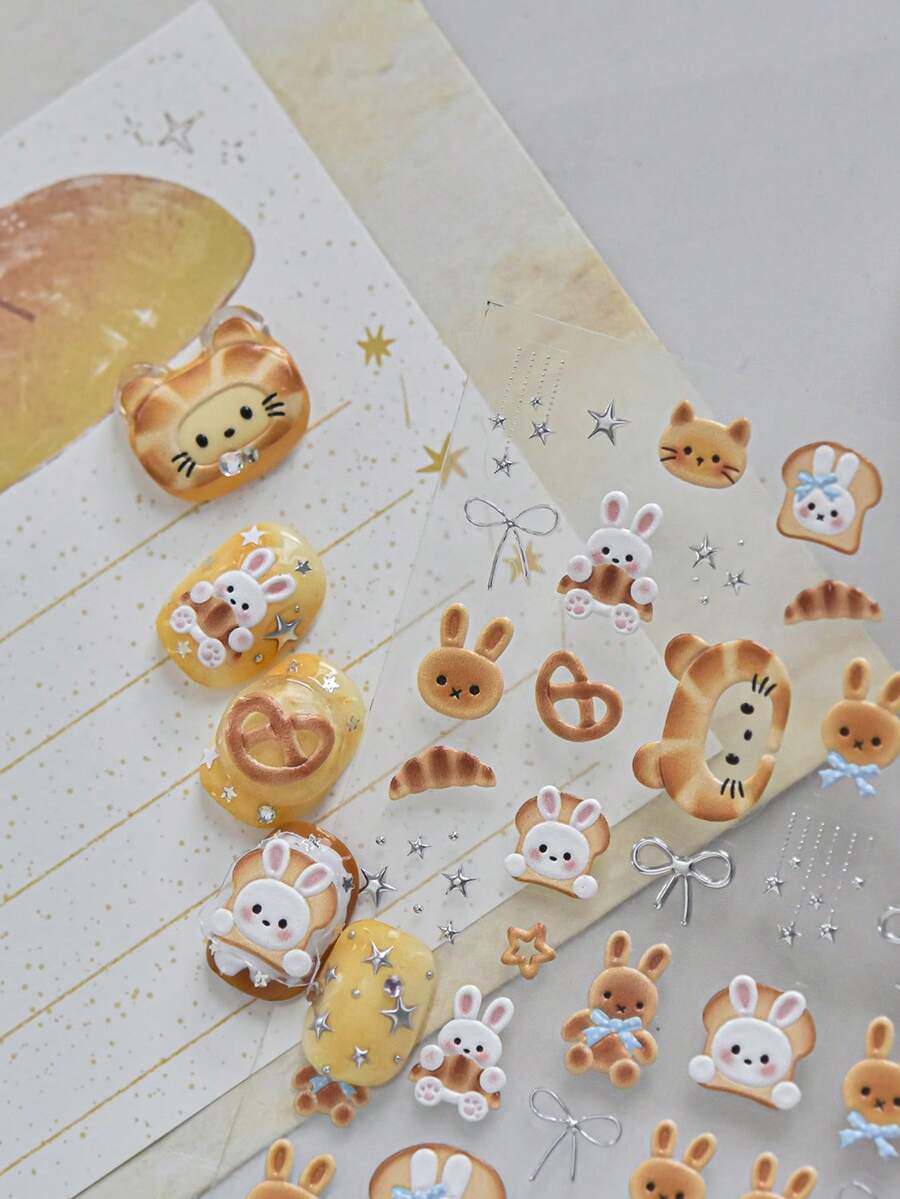 1 Metal Nail Art Luxury Sticker, Popular On Little Red Book, Cute Ribbon Nail Charm Sticker, Bunny Bread Sticker, Decorative Nail Art Sticker - Multicolor - View 1