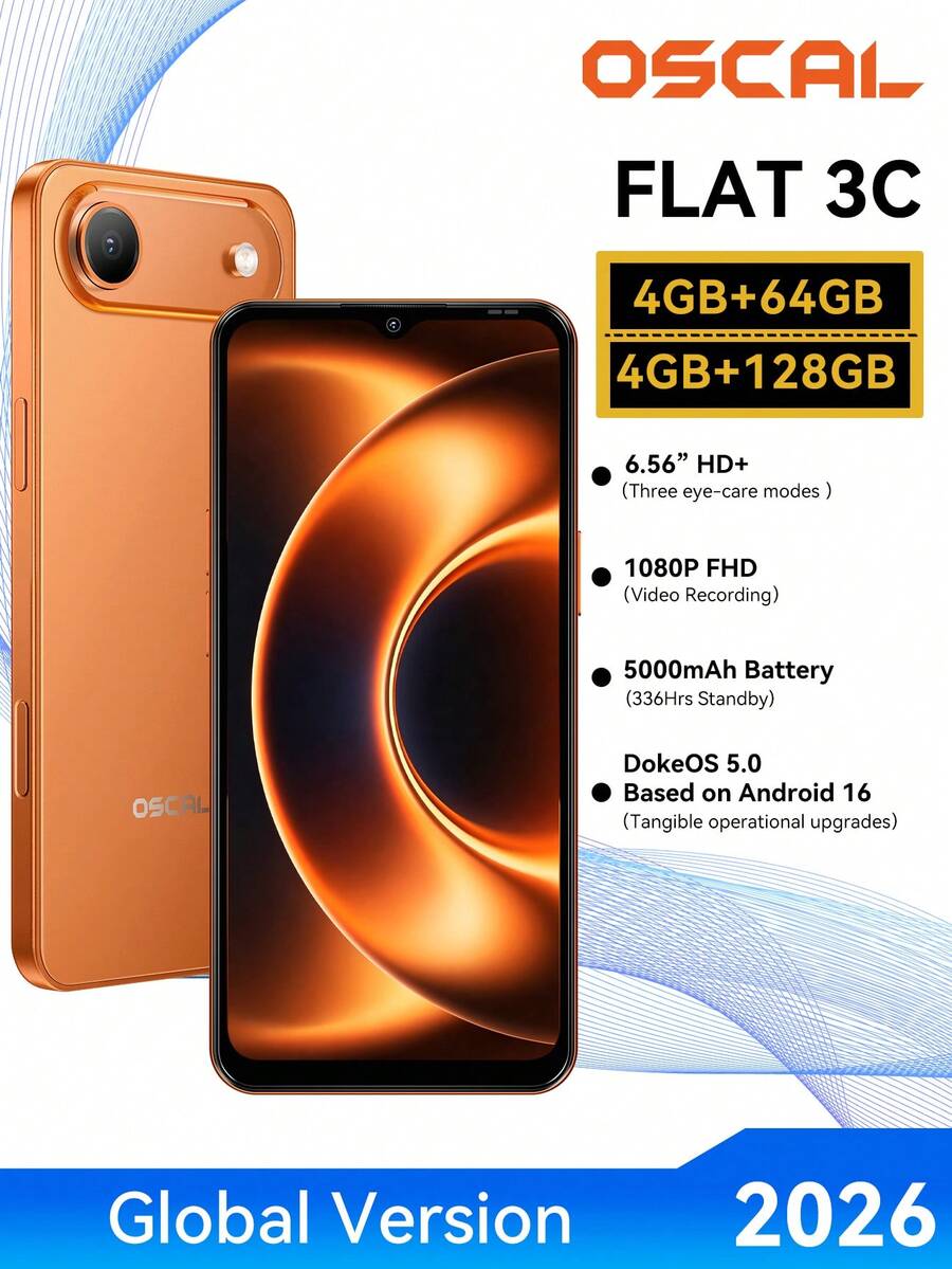 Blackview OSCAL FLAT 3C Unlocked 4G Smartphone, Android 16 System, 6.56-Inch HD+ Display, Octa-Core Processor, 4GB+8GB Expandable Memory, 64GB/128GB ROM, Max 1TB SD Card Expansion, 13MP+32MP Dual Camera, Side Shortcut Key, 5000mAh Large Battery, 3 Card Slots, Dual SIM Dual Standby (Charger Not Included)