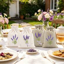 CARRIECUR 8/16/24/32Pcs Lavender Burlap Drawstring Bags, 8 Assorted Floral Designs Linen Sacks With Drawstring, Natural & Cream Color Reusable Sachet Pouches For Lavender Sachets, Wedding Favors, Jewelry Gift, Aromatherapy & Party Supplies - View 5