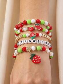 5pcs Bohemian Cute Sweet Pastoral Versatile Fashion Handmade Beaded Soft Clay, CCB, Letter, Strawberry Pendant, Layered, Elastic, Multi-Layer, Beaded Bracelet Set Suitable For Women Music Festival, Party, Bar, Large Gathering Perfect Gift, Gift For Friends And Family, All Seasons, Travel, Photography, Casual, Vacation Daily Wear - Multicolor - View 10