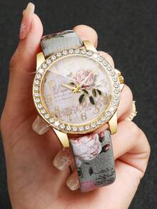 Vintage Style Women's Wristwatch With Rhinestone Case, Rose Dial, Floral Print PU Leather Strap, Quartz Watch, Gift For Girlfriend (1pc/Set) Watch Box Not Included, Note: The Print Position On The Strap Is Random And Cannot Be Consistent! - Grey - View 2