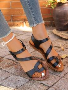 European And American Women's Fashion, Elegant, Comfortable, Retro Flat Sandals, Ankle Strap Hook And Loop Slip-On Sandals, Black Versatile Style, Minimalist Double Strap Open Toe Sandals - Black - View 2