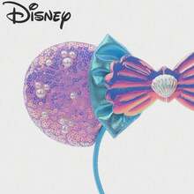1PC Disney Purple Iridescent Sequin Base Mickey Ears Headband With 3D Pearl Decor, Gradient Mermaid Tail Shell Bow, Dreamy Underwater Mermaid Princess Theme, Versatile Summer Hair Accessory For Theme Parks And Beach Vacations - Multicolor - View 4