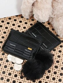 Minimally Designed Stone Patterned Card Bag, Zippered With A Pom Pom Charm, Credit Card Storage Bag, Women's Card Bag - Black - View 9