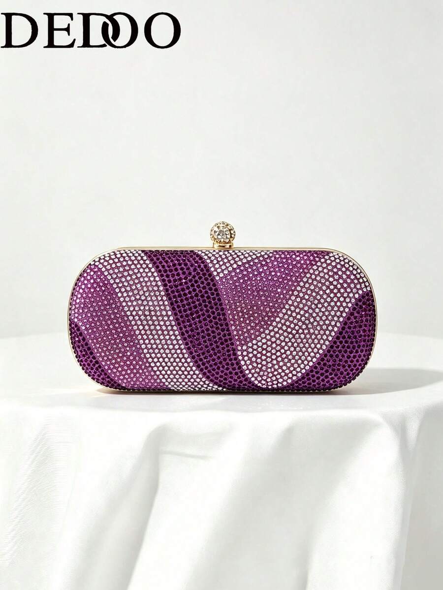 Women's Evening Clutch, Oval Hard Shell Clutch, Rhinestone Ball Clasp, Fashionable Portable Hard Shell Women's Handbag, Suitable For Balls, Weddings, Cocktail Parties