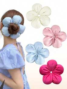 1pc/Set Large Satin Flower Scrunchie, Silk Flower Hair Tie, Korean Style Oversized Flower Hair Accessory, Elegant Cute Sponge Flower Scrunchie, Extra Large Hair Tie For Bun, Suitable For Thick Curly Hair - Multicolor - View 1