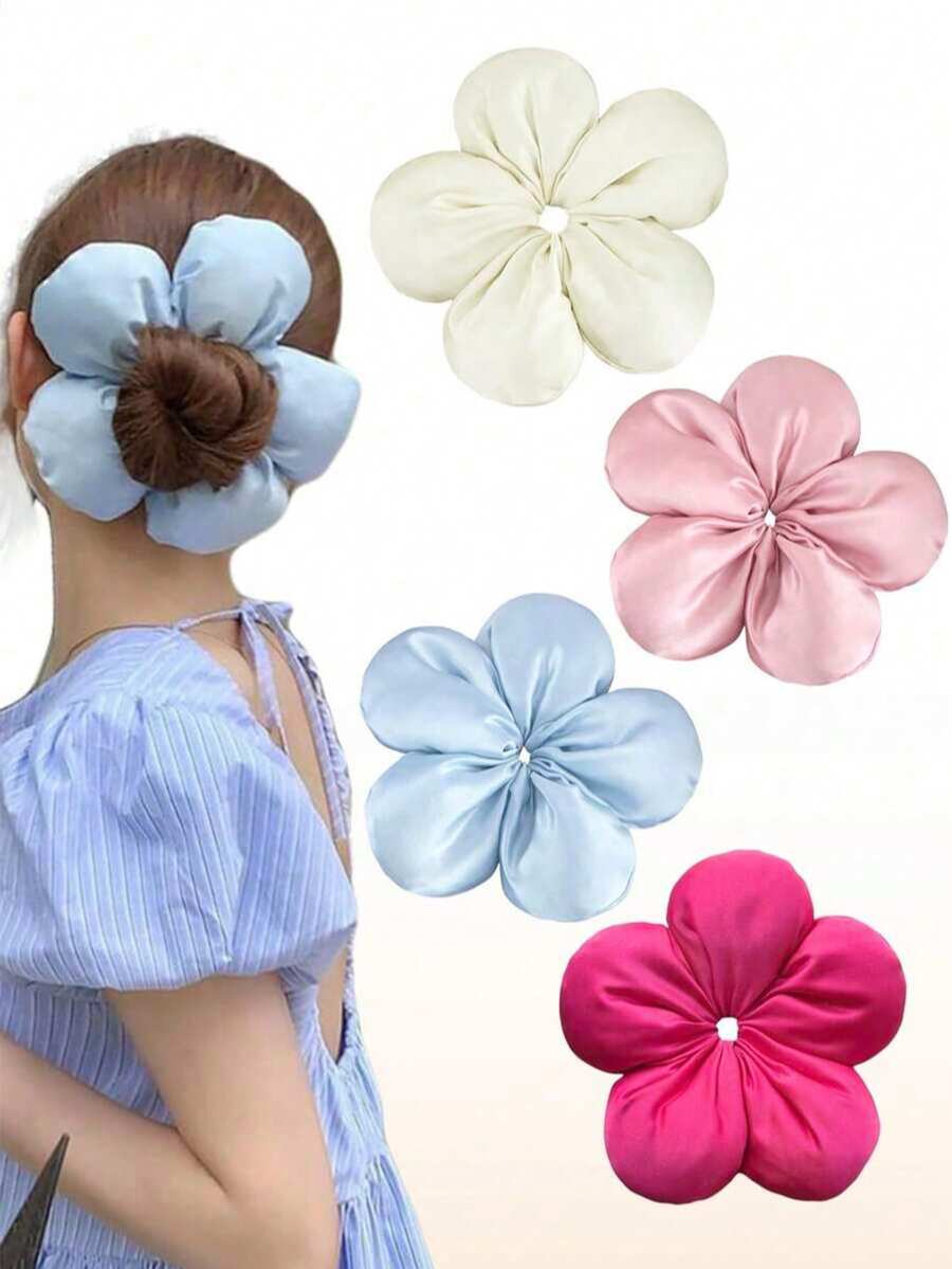 1pc/Set Large Satin Flower Scrunchie, Silk Flower Hair Tie, Korean Style Oversized Flower Hair Accessory, Elegant Cute Sponge Flower Scrunchie, Extra Large Hair Tie For Bun, Suitable For Thick Curly Hair - Multicolor - View 1