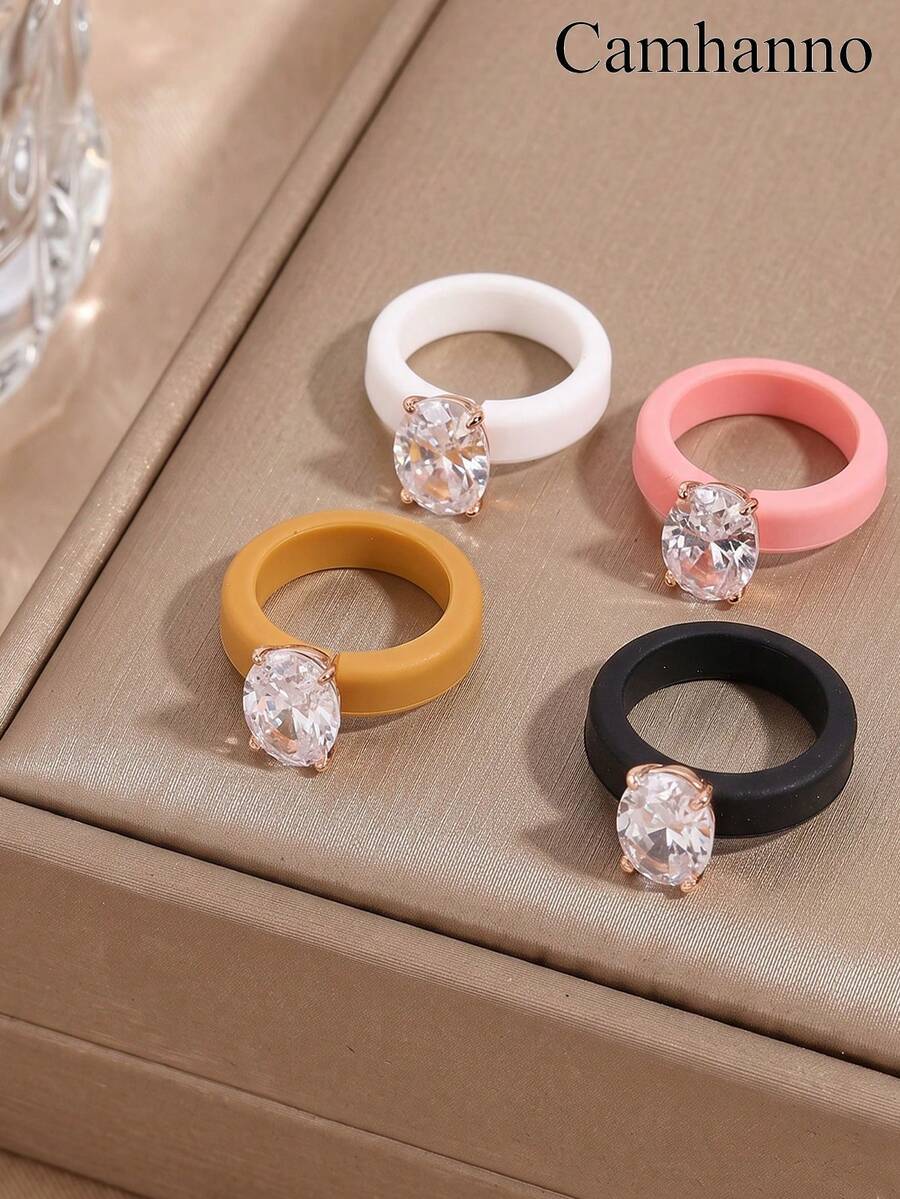 Camhanno 1 buah Cincin Silikon Gaya Kasual, Pilihan Berbagai Warna, Bentuk Oval dengan Empat Cakar dan Batu Bertatahkan, Cocok untuk Pemakaian Sehari-hari, Aksesori Elegan - Rose Gold - View 1