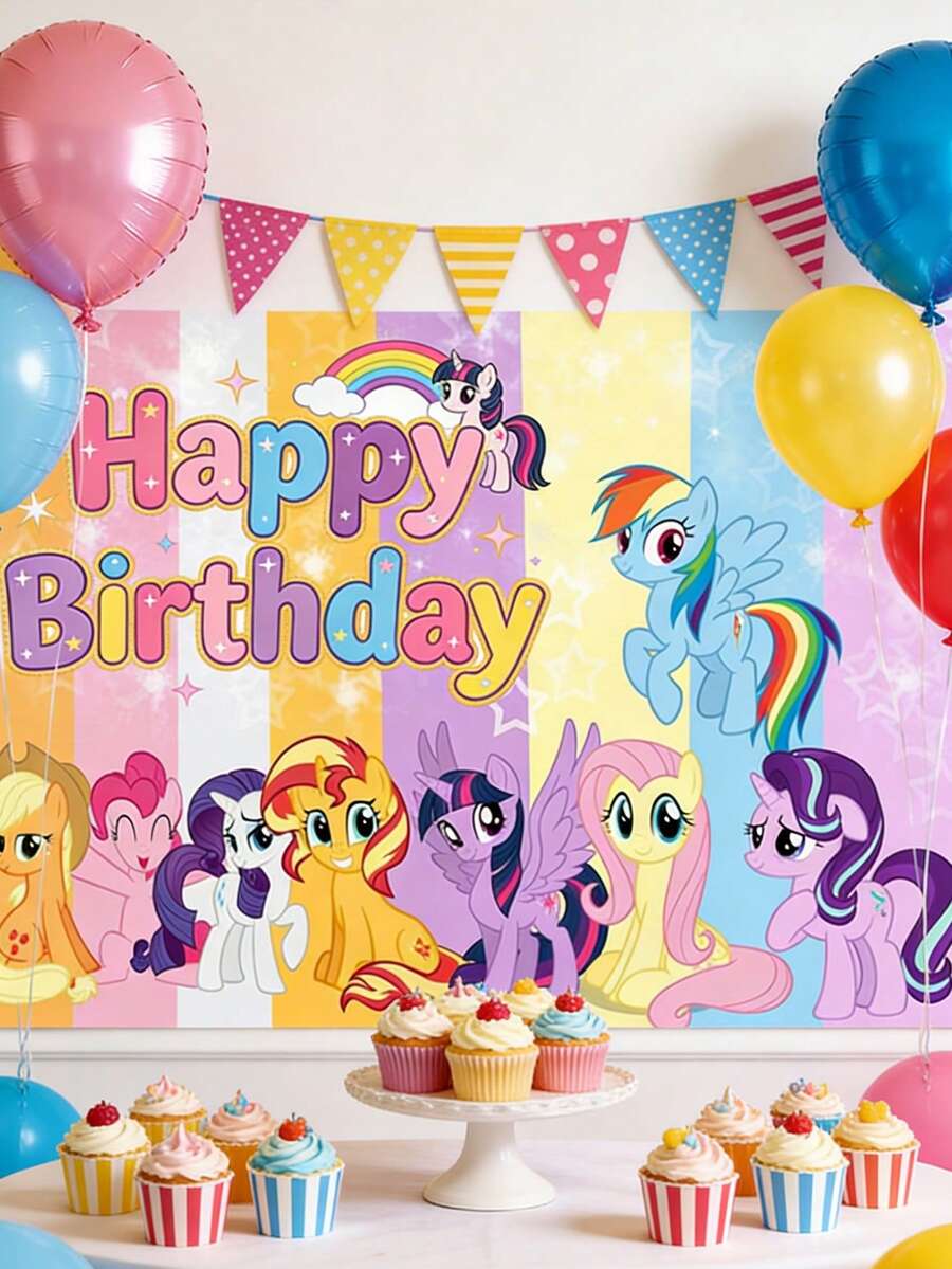 My Little Pony Cartoon Birthday Party Backdrop Banner - Burgundy And Rainbow Striped Birthday Party Photography Background Cloth - Can Be Hung For Photo Taking, Suitable For Birthday Party Photography - Multiple Styles - View 1