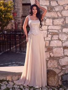 Faeriesty Luxury Elegant Beaded & Sequined Pleated Long Formal Evening Gown Party Wedding Fall - Champagne - View 1