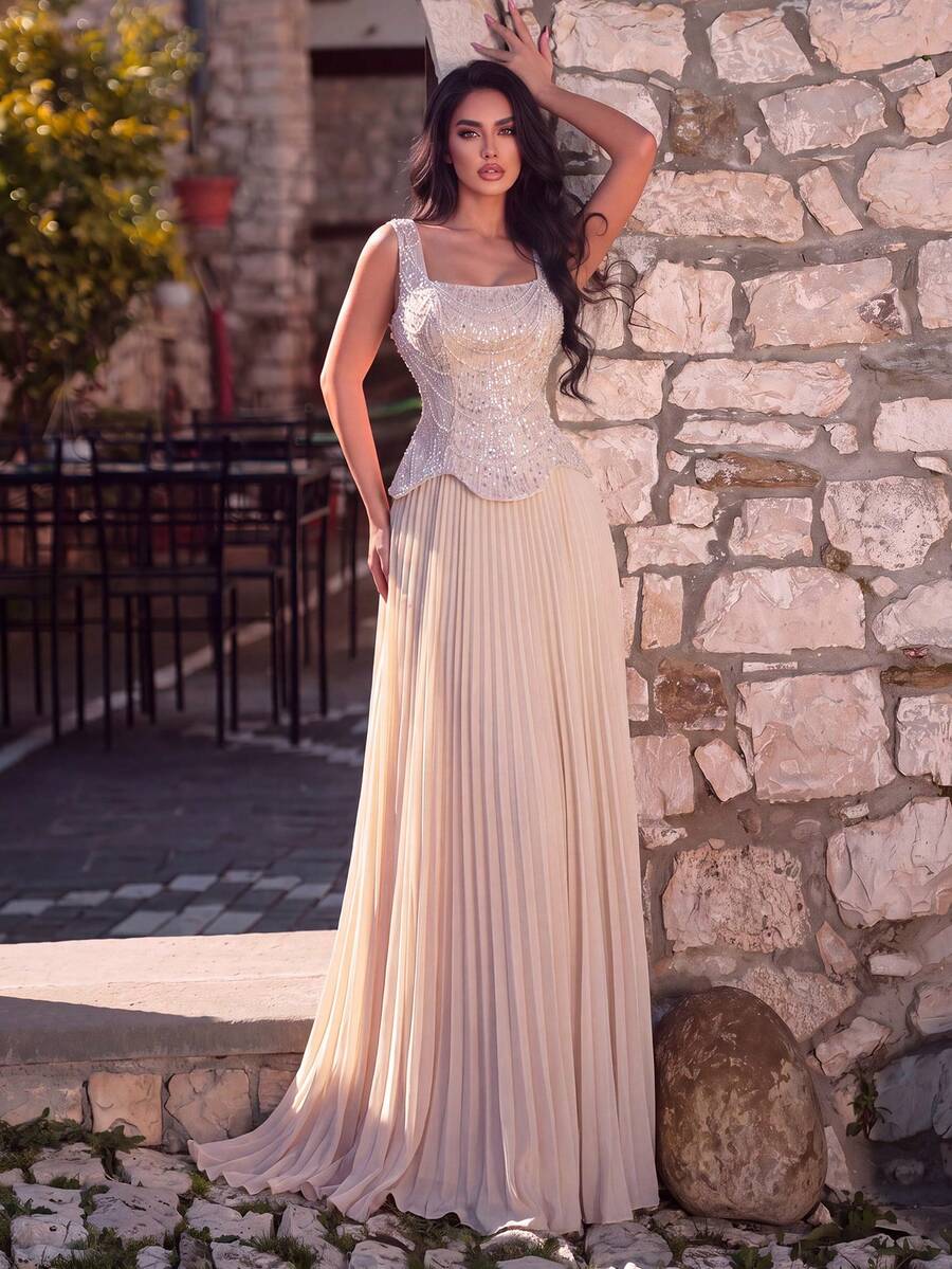 Faeriesty Luxury Elegant Beaded & Sequined Pleated Long Formal Evening Gown Party Wedding Fall - Champagne - View 1