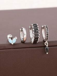4PCS Fashion Small Square Black Hoop Earring Set For Women Cute Stainless Steel Turquoise Stainless Steel Stud Earrings Party Jewelry Gifts - Silver - 4pcs - View 4